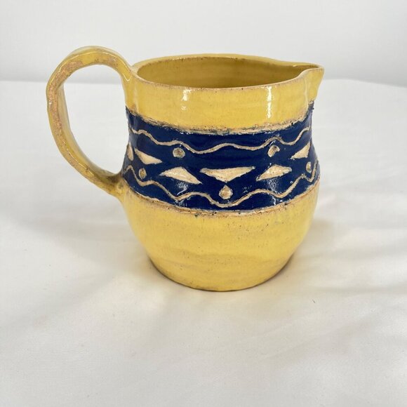 Handcrafted Ceramic Pitcher With Blue Wave Pattern & Yellow‎ Glaze - Picture 4 of 5